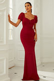 Burgundy Short Sleeves Mermaid Long Formal Dress