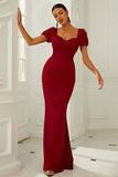 Burgundy Short Sleeves Mermaid Long Formal Dress