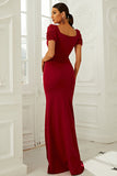 Burgundy Short Sleeves Mermaid Long Formal Dress