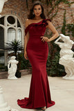 Burgundy One Shoulder Mermaid Long Formal Dress With Ruffles