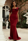 Burgundy One Shoulder Mermaid Long Formal Dress With Ruffles