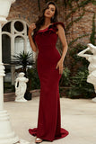 Burgundy One Shoulder Mermaid Long Formal Dress With Ruffles