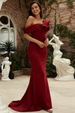 Burgundy One Shoulder Mermaid Long Formal Dress With Ruffles