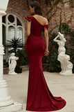 Burgundy One Shoulder Mermaid Long Formal Dress With Ruffles