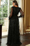 Black A-Line Sparkly V-Neck Prom Dress With Slit