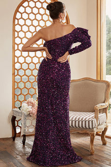 Purple One Shoulder Sequins Formal Dress with Slit