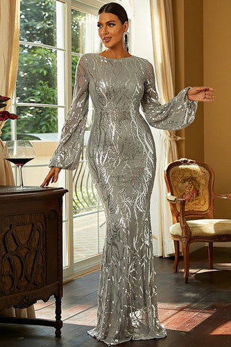 Long Sleeves Silver Sparkly Foraml Dress