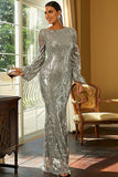 Long Sleeves Silver Sparkly Foraml Dress