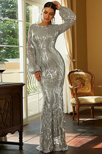 Long Sleeves Silver Sparkly Foraml Dress