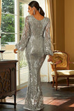 Long Sleeves Silver Sparkly Foraml Dress