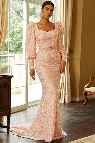 Sequins Blush Mermaid Formal Dress with Long Sleeves