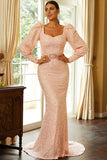 Sequins Blush Mermaid Formal Dress with Long Sleeves