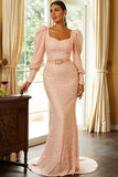 Sequins Blush Mermaid Formal Dress with Long Sleeves