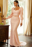 Sequins Blush Mermaid Formal Dress with Long Sleeves