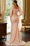 Sequins Blush Mermaid Formal Dress with Long Sleeves