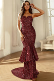 Burgundy Sparkly Sequins Mermaid Formal Dress