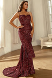 Burgundy Sparkly Sequins Mermaid Formal Dress