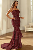 Burgundy Sparkly Sequins Mermaid Formal Dress