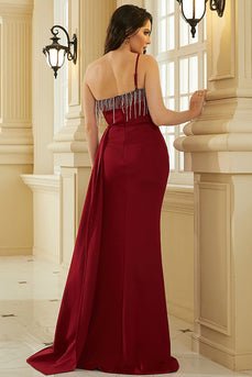 One Shoulder Burgundy Formal Dress with Slit