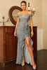 Load image into Gallery viewer, Off the Shoulder Grey Sparkly Formal Dress with Ruffles Slit