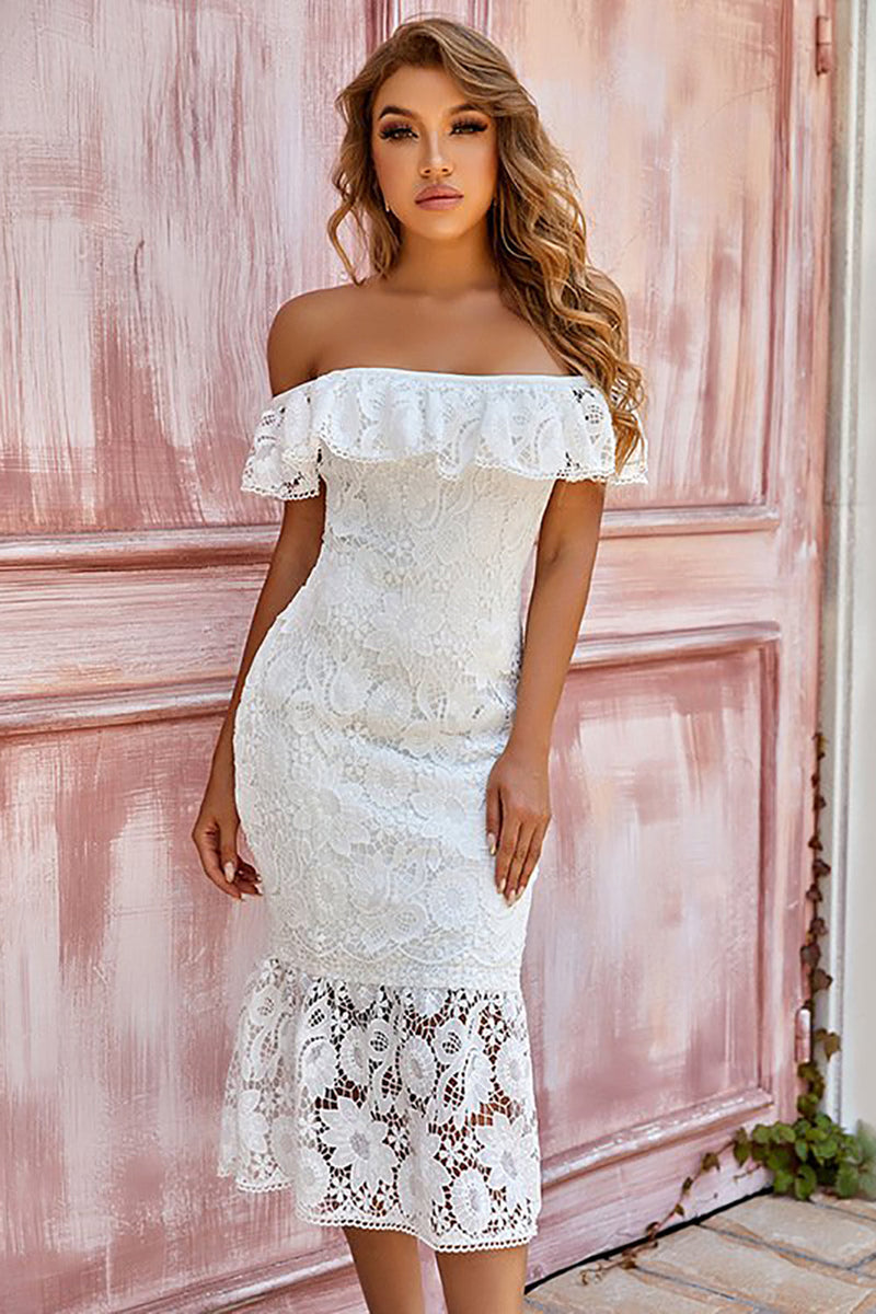 Load image into Gallery viewer, White Off the Shoulder Lace Cocktail Dress