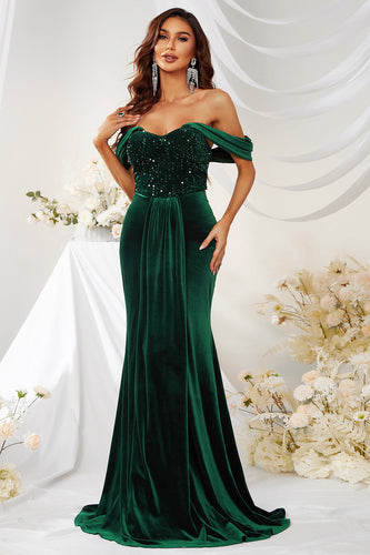Green Velvet Sequins Off the Shoulder Formal Dress