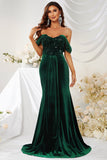 Green Velvet Sequins Off the Shoulder Formal Dress