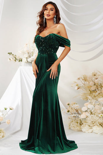 Green Velvet Sequins Off the Shoulder Formal Dress