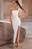 White One Shoulder Bodycon Midi Cocktail Dress With Slit