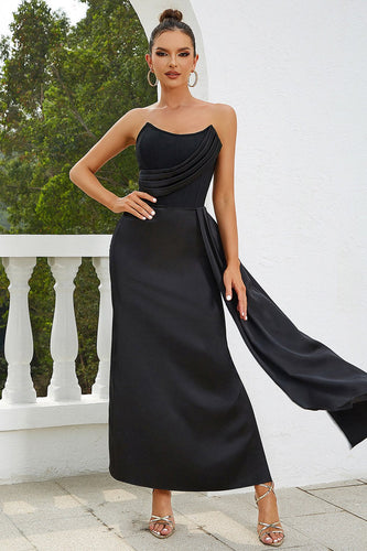 Black Strapless Long Formal Dress With Train and Slit