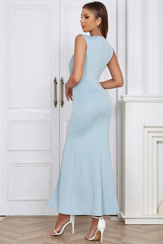 Light Blue Sleeveless Ruched Long Formal Dress With Slit