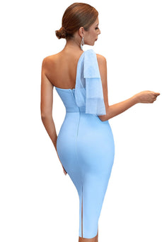 One Shoulder Blue Tight Cocktail Dress with Slit