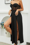 Strapless Black Corset Formal Dress with Slit