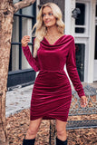 Burgundy V Neck Velvet Long Sleeves Short Formal Dress