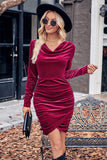 Burgundy V Neck Velvet Long Sleeves Short Formal Dress