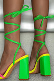 Green Strappy Block High Heeled Sandals With Bowknot