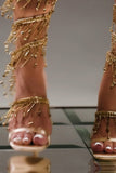 Golden Sparkly Strappy High Heeled Sandals With Tassel