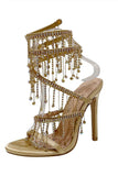 Golden Sparkly Strappy High Heeled Sandals With Tassel