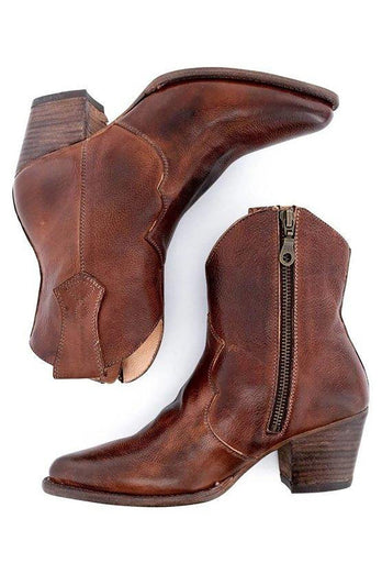 Brown PU Leather Chunky Steels Boho Cowgirl Boots