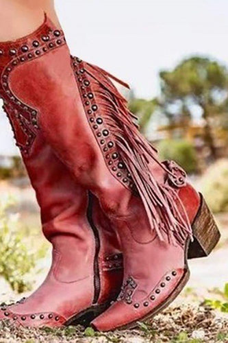 Dark Red Fringed Mid-Calf Cowgirl Boots