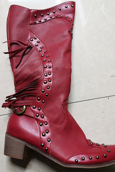 Dark Red Fringed Mid-Calf Cowgirl Boots