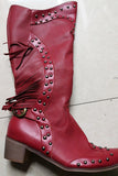 Dark Red Fringed Mid-Calf Cowgirl Boots