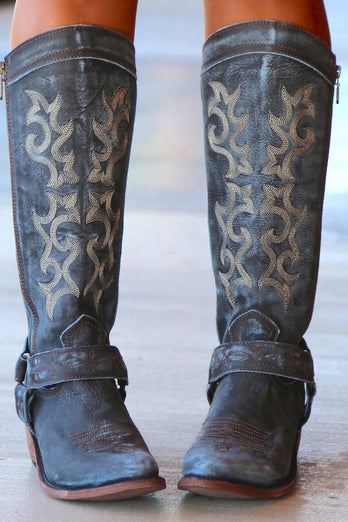 Blue Embroidered Cowgirl Boho Mid Calf Cowgirl Boots