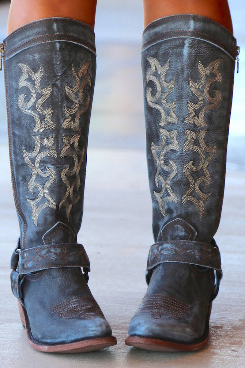 Load image into Gallery viewer, Blue Embroidered Cowgirl Boho Mid Calf Cowgirl Boots