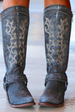 Blue Embroidered Cowgirl Boho Mid Calf Cowgirl Boots