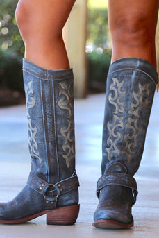 Blue Embroidered Cowgirl Boho Mid Calf Cowgirl Boots
