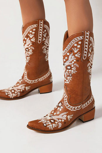 Brown Embroidered Mid Calf Boho Cowgirl Boots