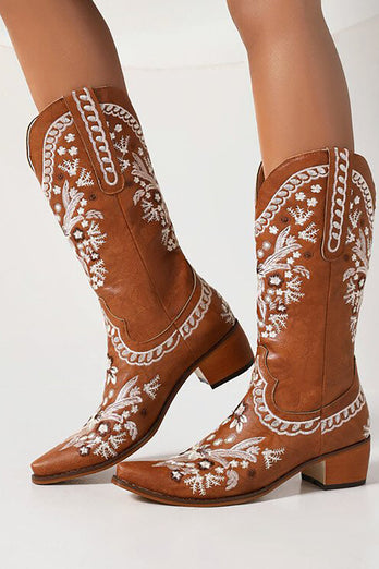 Brown Embroidered Mid Calf Boho Cowgirl Boots