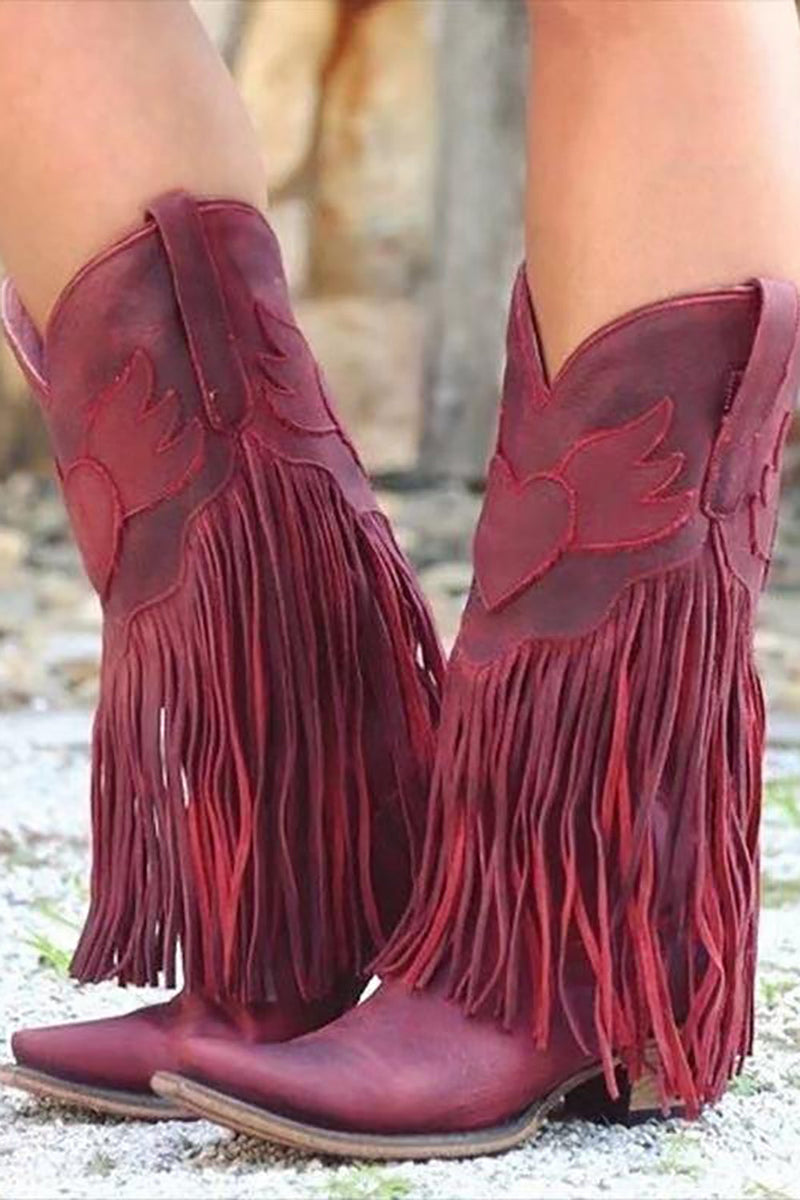 Load image into Gallery viewer, Dark Red Fringed Ankle Cowgirl Boots
