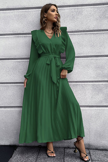 A-Line Long Sleeves Dark Green Casual Dress with Ruffles
